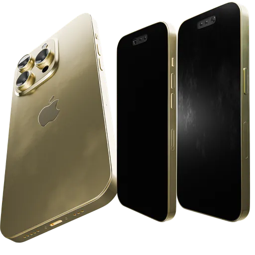 Detailed gold smartphone 3D model, procedural materials, compatible with Eevee and Cycles rendering.