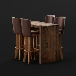 "Rustic table with wooden top and four stools - a perfect addition for wineries. Highly detailed textured 3D model compatible with Blender 3D software. Designed in the style of Marcin Blaszczak, this 8K resolution model is ideal for creating visually stunning renderings."