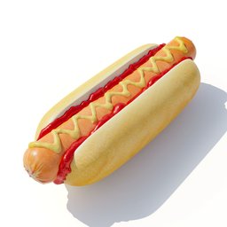 "Realistic 3D hot dog model with sausage, served in a classic bun and topped with mustard and ketchup. Perfect for food-themed Blender 3D projects."