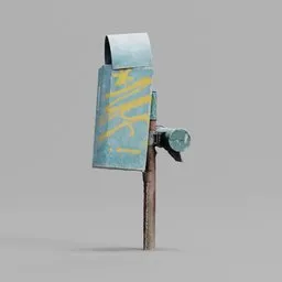 "3D model of an old painted dustbin commonly found in urban areas. This Blender 3D model features a blue and yellow design, resembling a mailbox, with a rustic and worn-out appearance. Perfect for creating realistic city scenes, slums, or cyberpunk environments in video games and other digital projects."