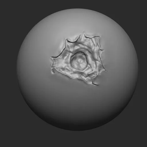 3D sculpting brush creating realistic bullet wound effect on digital model surface suitable for Blender.