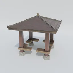 Detailed 3D model of a traditional wooden pergola with tiled roof compatible with Blender for historical scene rendering.