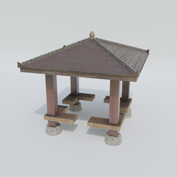 "Explore our historic pergola 3D model for Blender 3D - a small wooden structure with a roof, benches, and intricate details inspired by Sesshū Tōyō. Perfect for adding a touch of oriental charm to your park or garden design project. Highly detailed and textured, this model includes roman pillars, a table, and parasol."