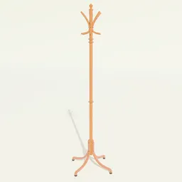 Detailed Blender 3D model of a vintage-style wooden coat stand with multiple hooks.