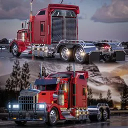 "Kenworth W900 truck 3D model for Blender 3D. Rigged for animation with detailed interior and custom headlights. Inspired by Archibald Robertson and Optimus Prime, with realistic and beautiful panoramic imagery."