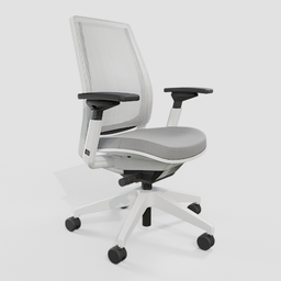 Detailed 3D mesh render of a modern ergonomic office chair with mesh backrest and adjustable armrests for Blender modeling.