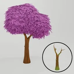 Detailed 3D model of a purple-leafed stylized tree suitable for Blender rendering, also shown leafless.