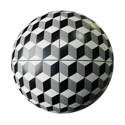3D PBR material for Blender with a black and white decorative cube pattern for bathroom flooring, showcasing a seamless texture.