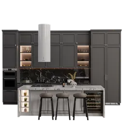 Detailed Blender 3D model of a neoclassical kitchen layout with modern appliances and bar stools in centimeters.