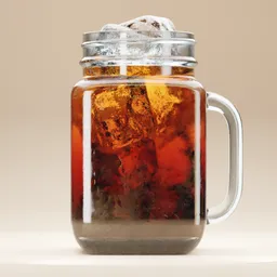 "Hyperrealistic 3D model of an iced americano drink in a glass jar with ice cubes, rendered with Octane in Blender 3D. This high-quality 3D model is perfect for use in Blender projects, whether for exercise or other creative endeavors."