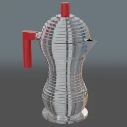Detailed 3D model of a stovetop espresso maker with adjustable procedural textures, suitable for Blender rendering.