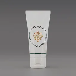 "3D model of a cream tube with tribal markings, labeled with merchant logo, and top lid captured in Blender 3D. Inspired by Sarah Louisa Kilpack and designed with smooth models, this official product image showcases a dipstick tail and olive-skinned appearance."