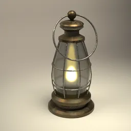 Realistic 3D model of a vintage oil lantern with lit flame, designed for use in Blender rendering projects.
