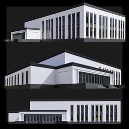 "Assembly Hall Building in Blender 3D - a public structure with a blue roof and parking lot. Art deco inspired design by Nathan Wyburn, suitable for mobile game development. Realistic data center interior available for assembly drawing creations. "