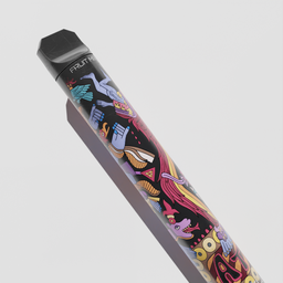 "City Pod: Stunningly Designed E-Cigarette 3D Model for Blender 3D, featuring a unique black and white pattern inspired by artists Petros Afshar and Vladimír Vašíček. Detailed product shot captures intricate details including multi-color smoke effects, relief concept, and samurai vinyl wrap."