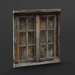 Detailed 3D model of a distressed wooden window with shattered glass panes, designed for Blender.