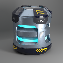 Detailed 3D rendering of futuristic power cell with glowing blue energy bands, designed in Blender for sci-fi projects.