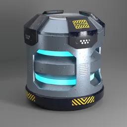 "Scifi Cylinder PowerCell Black" 3D model for Blender 3D featuring a robot on a table, inspired by Sargent Johnson and military storage crates, with volumetric lighting and intricate greeble texture. Great for sci-fi and game design.