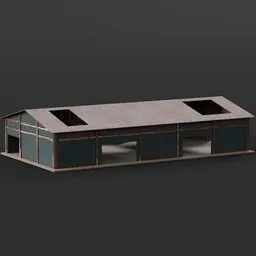 Detailed 3D model of a modern warehouse, high-quality PBR texture, ideal for Blender architectural visualization.