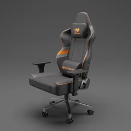 Highly-detailed Blender 3D model of a modern racing-style gaming chair with orange accents and ergonomic design.