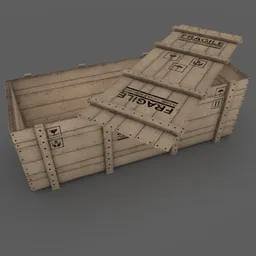 Realistic open wooden crate 3D model with PBR textures for transportation and industrial scenes in Blender.