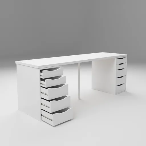 Realistic IKEA-style office table 3D model with drawers, suitable for Blender rendering and animation projects.