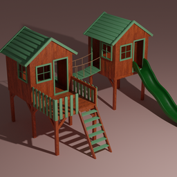 Detailed Blender 3D model featuring a wooden playhouse with slide and rope bridge for kids' playground designs.