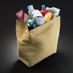 "Get your 3D food shopping bag model for Blender 3D - filled with groceries and beverages. Realistic texture and cloth wraps included for ultimate visual experience. Perfect for your food-related projects!"