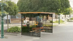Realistic 3D rendering of a modern glass bus shelter with bench, suitable for urban scene visualization in Blender.