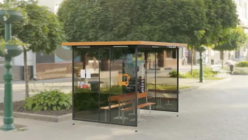 Realistic 3D rendering of a modern glass bus shelter with bench, suitable for urban scene visualization in Blender.