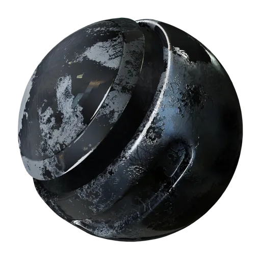 Highly realistic PBR texture for 3D modeling with distressed black paint and underlying metal corrosion.