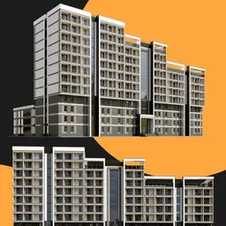 Modern 3D-rendered large apartment complex model with contemporary design, ideal for Blender 3D artists.