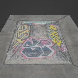 Detailed 3D-rendered skate park model with textured graffiti for Blender rendering.