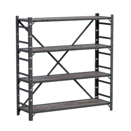 "3D model of a wooden shelf on metal towers, suitable for Blender 3D projects. Includes 1k textures and 'Fallout 4' render. Made of wrought iron with blue-grey gear and gearwheels."