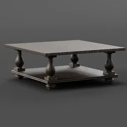 "Dark wood coffee table: A highly detailed neoclassical design with a unique wooden base, perfect for Blender 3D. This 3D model features a dark grey, 8k barlowe texture, suitable for both indoor and outdoor settings. Get the ultimate design reference with this medium height, square table."