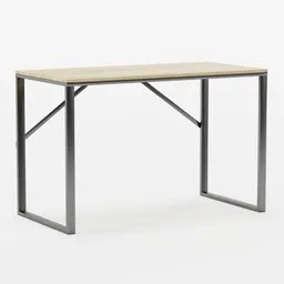 3D model of a modern minimalist table with a wooden surface and angular painted steel legs, compatible with Blender.