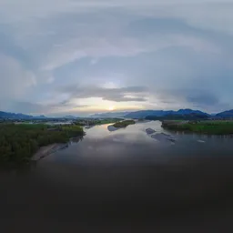 Aerial Cloudy Sunset, River & Mountains