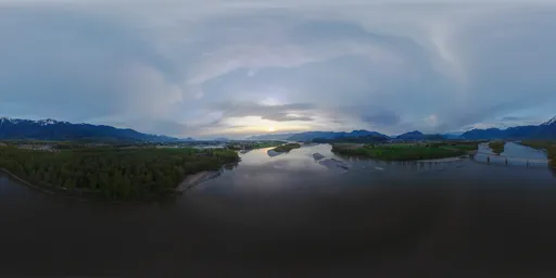360-degree HDR panorama of river with reflections during cloudy sunset amidst mountains for scene lighting.