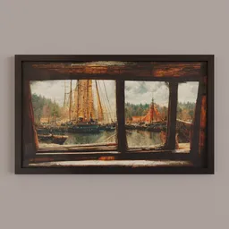 "Blender 3D model of a 50x30cm painting featuring a ship in water, viewed through a window frame. Based on Albert Bierstadt's art and rendered with Helios 44-2 lens, this model is optimized for 8K product photo and trending on Artstation."