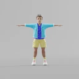 "Get the Fredy character 3D model for Blender 3D featuring a person in blue shirt and yellow shorts in T-pose. Perfect for PS5, Xbox, humanoid, random positions, alt art, and pastel clothing. Great for Thunderbirds, Twitter PFP, creepy child, and QLED."