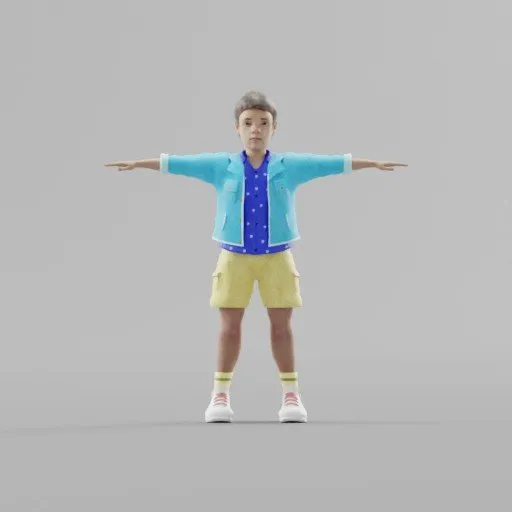 Detailed 3D child model in casual outfit with arms spread, compatible with Blender for animation and rendering.
