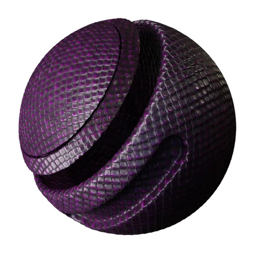 Highly detailed purple PBR dragon scales material for 3D rendering, including color adjustment and texture scalability.