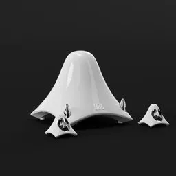 "Desktop speakers - JBL model for Blender 3D, featuring a triple white colorway and bells. This 3D model showcases three pieces of white plastic on a black surface with a bell, embodying a phantom ghost concept. Perfect for audio enthusiasts and CG artists. Rendered using Twinmotion."