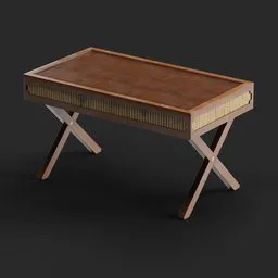 Highly detailed Blender 3D model of a modern center table with wooden texture and cross legs design.