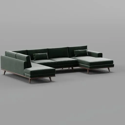 Low poly 3D model of a green U-shaped left-aligned sofa with cushions on a neutral backdrop, ideal for Blender 3D projects.