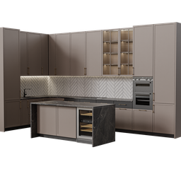 Modern kitchen 3D model in Blender with detailed cabinetry, appliances, and marble countertop.