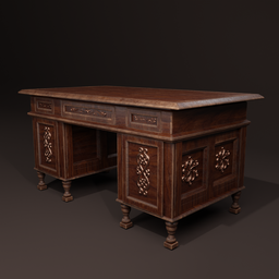 Detailed 3D rendering of an antique-style wooden desk with carved ornaments for Blender modeling.