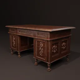 "Victorian wooden desk with hightly ornate decorations, ideal for medieval style scenes in Blender 3D. Rendered with path tracing, this antique oak bank features drawers and intricate details. By Modest Urgell and ready to use in your 3D designs."