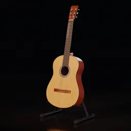 "High-quality 3D model of a classical guitar on a stand in a dark environment, rendered with Pixar-like realism. Crafted by Jang Seung-eop, this BlenderKit instrument showcases exquisite Latino features and is perfect for 3D artists seeking a superb rendering asset. Ideal for Blender 3D enthusiasts looking for an intricate and visually captivating model."