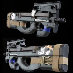 Detailed 3D model of FN P90 with tactical accessories, high-resolution textures, and optimized mesh for gaming engines.